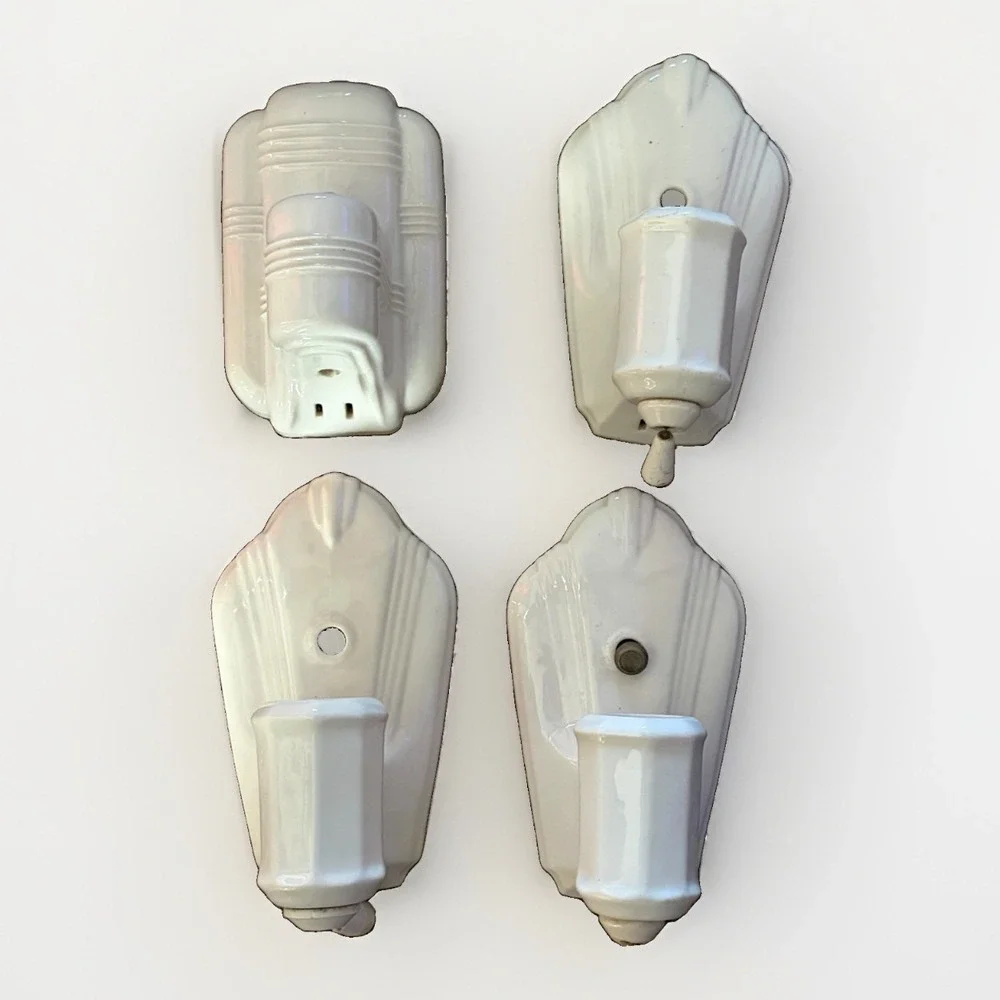 Vtg 1930s Art Deco White Porcelain Sconces Wall Light Fixtures Lot Of 4